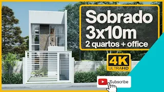 MINI SOBRADO | 2 QUARTOS + HOME OFFICE + LAVANDERIA | 3x10m | Tiny Home Brazil | Renderização 3D