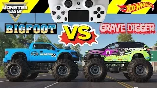 Grave Digger vs Bigfoot Monster Jam Monster Trucks Video Game Challenge and Hot Wheels Surprise