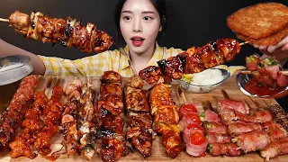 SUB)매운 닭꼬치에 맥주 먹방!🍗🍺 대왕소세지 닭발 베이컨팽이버섯말이 해쉬브라운 문어꼬치까지 꿀조합 리얼사운드 Chicken Skewer & Beer Mukbang ASMR