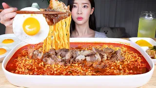 ASMR MUKBANG | 🔥 Beef Brisket Spicy Fire Chicken Noodle Soup X3 🔥 Buldak Jjamppong! Fried Eggs