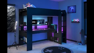 Kinderzimmer / Jugendzimmer Hochbett "Online1", schwarz, mit Gamingtisch inkl. LED