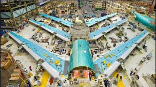 Incredible plane  building & structure assembly line. Assembled airplane propeller. Airbus, Boeing