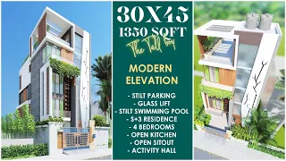 30X45 Feet | 1350 sqft Luxurious House with Home Glass Lift, Swimming Pool at Stilt Parking | ID-119