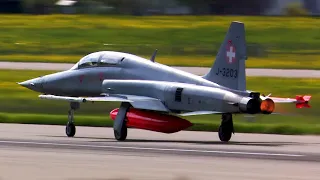 Sleek Swiss AF F-5 Tigers and F-18 Hornet operating from Meiringen air base, Switzerland [HD]