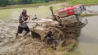 Going to puddle my rice fields with Kamco er90 || Power tiller badly stuck in mud while puddling