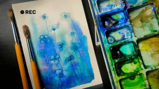 Oceanic Flora Elegance / Cute & Easy Cool Tones Watercolor Flowers Art for Artistic Relaxation
