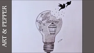 Creative Light Bulb Drawing step by step | Bulb Sketch with bird go outside