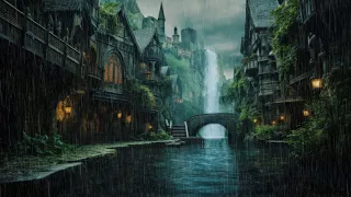 Peaceful Rain with Waterfall and Thunder | River Path in Medieval Castle