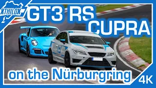 Porsche GT3 RS + Seat Leon CUPRA flying over the NÜRBURGRING NORDSCHLEIFE Touristenfahrten BTG 4K