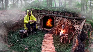Bushcraft camp in the woods | Moss roof shelter | Build Survival Tiny House - Solo Camping - Chair