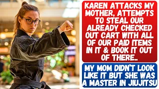 Karen Attacks Mom & Tries To Steal Our Items After We Paid For Them At Store.. Jiujitsu Mom Kicks In
