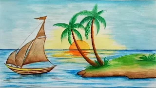 How to draw scenery of Island with water colour step by step