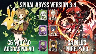 C6 Yaoyao Aggraspread - C4 Diluc Pure Pyro | 3.3 - 3.4 Spiral Abyss Floor 12 | Genshin Impact