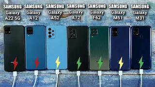 Samsung A22 5G vs A12 vs A52 vs A72 vs F62 vs M51 vs M31 Battery Charging Test | Fast Charging Test