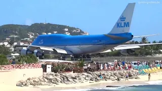 KLM 747 Airplane Extreme Jet Blast at Maho Beach, St. Maarten