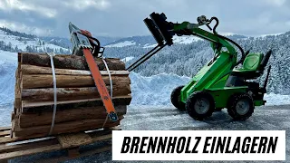 Brennholz sägen und im Keller einlagern. Mit Avant 313S Hoflader und Stihl Ms 660.