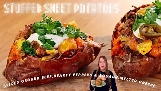 HOW TO MAKE GROUND BEEF STUFFED SWEET POTATOES | MEAL PREP | EASY DINNER