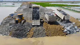 Incredible Nice Project Build Road on Huge Lake by Operator Bulldozer, Dump Truck Spreading Stone