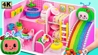 How To Make Cute Pink CoComelon Miniature House with DIY Rainbow Slide from Cardboard, Polymer Clay