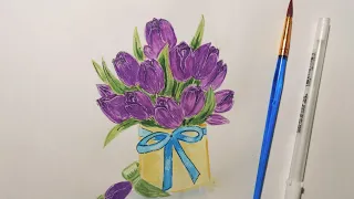 как нарисовать цветы | букет тюльпанов акварелью