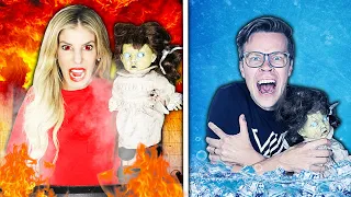 Hot vs Cold Creepy Doll Halloween Challenge! Girls on fire Vs Icy Boy!