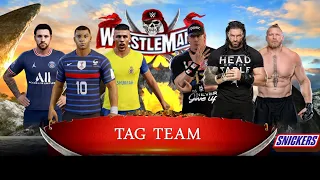 Lionel Messi + Cristiano Ronaldo + Kylian Mbappe vs John Cena + Roman Reigns + Brock Lesnar WWE2K22