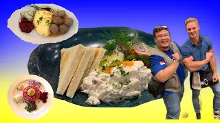 Sweden Food - Stockholm’s Toast Skagen, Cured Salmon w Dill Potatoes, Meatballs & Steak tartar.