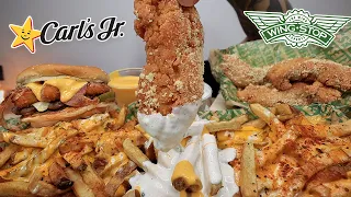 MUKBANG EATING WINGSTOP SAUCY VOODOO FRIES, GARLIC PARMESAN CHICKEN, CARLS JR EL DIABLO  BURGER ASMR