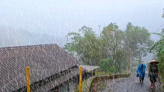 Walking during heavy rain in my village Indonesia | very cold |  sound of heavy rain