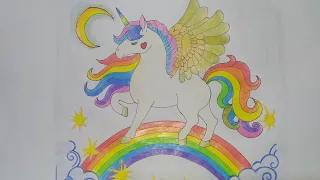 Drawing of a unicorn riding on a rainbow: Draw a unicorn and a rainbow like a pro.