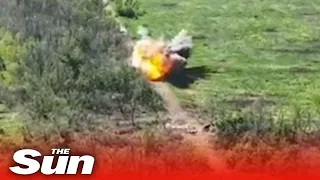 Russian tank is blown to pieces by hidden Ukrainian mine