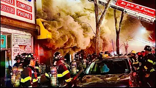 FDNY BOX 1545 ~ **EARLY ARRIVAL** FDNY BATTLING 5TH ALARM FIRE IN 2 STORY COMMERCIAL IN BROOKLYN NYC