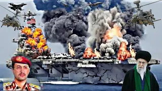 Today, Just Arrived in the Red Sea US Aircraft Carrier Destroyed by Iranian and Houthi Ka-52 Helicop