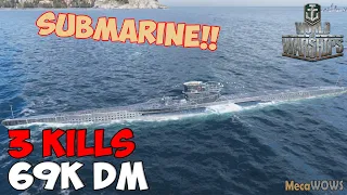 World of WarShips | U-69 | 3 KILLS | 69K Damage - Submarine Replay Gameplay 4K 60 fps
