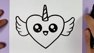 HOW TO DRAW A CUTE UNICORN HEART EMOJI WITH WINGS - HAPPY DRAWINGS
