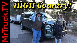 2023 Chevy Suburban High Country review trailering in the Rockies. With rear self leveling air ride