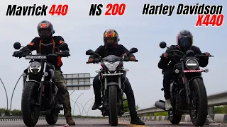 Hero Mavrick 440 vs Harley Davidson X440 vs Pulsar NS200 Drag Race