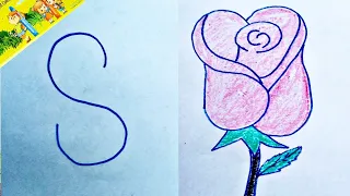 How To Turn Letter S Into Rose Flower।। Drawing For Kids।। Draw A Rose Step by Step।।