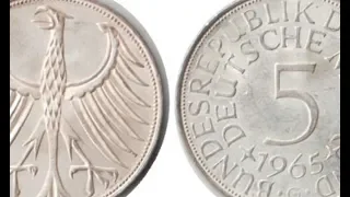 Монеты Германии 5 марок ФРГ регулярный чекан 1951-1974 серебро + 5 марок 1958 J Гамбург РЕДКАЯ !!!