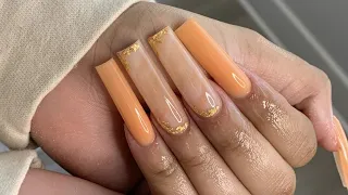 Long Encapsulated Marble Gold Accent Acrylic Nail