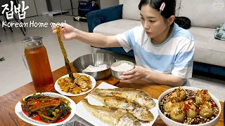 Real Mukbang:) Korean home made food ☆ Grilled Fish, Braised eggs, Pickled cucmbers, Kimchi