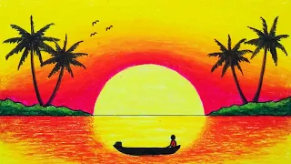 Easy Sunset Drawing for Beginners | How to Draw Sunset Scenery with Oil Pastels