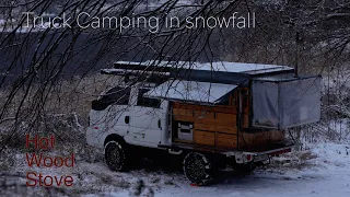 [4K] Truck camping with a frozen road and a hot wood stove. Alone in the heavy snow