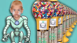 My Brother Is A Robot To Get Gum From Giant GumBall Machine! Pretend Robot With Gum Ball & Quarters