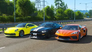 Forza Horizon 4 Drag race: C8 Corvette vs Ford Shelby GT350R vs Porsche 911 Carrera S