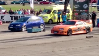 2JZ Toyota Supra Mk4 vs VW Golf R Mk7 1/4 mile drag race