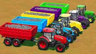 McCORMICK & JOHN DEERE & JCB & CLAAS TRACTORS TRANSPORTING CHALLENGE WITH STONE & CAT LOADER! FS22