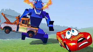 Angry Big ROBOT DINOSAUR vs Lightning McQueen and Tow Mater Pixar Cars - BeamNG.drive