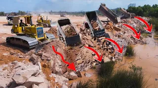 Massive Bulldozer Komatsu Push Big stone Drop In To Water With Fast work Dumper Truck In Action