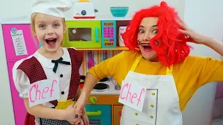 Margo and Nastya Playing in Cooking Breakfast with Toy